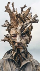 Wall Mural - A man's face is covered in driftwood, creating a surreal and captivating portrait. AI.