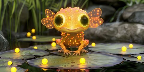 Sticker - A cute creature with wings sits on a lily pad. AI.