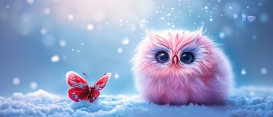 Sticker - A fluffy pink owl sits on snow with a red butterfly. AI.