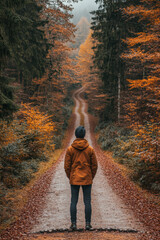 A person standing on a winding path surrounded by vibrant autumn foliage in a serene forest setting.