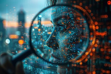 a magnifying glass reveals a digital face composed of binary code and data, representing the interco