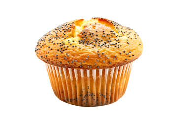 A freshly baked poppy seed muffin or cupcake isolated on white transparent background, topped sprinkled poppy seeds on top