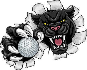 Canvas Print - Black panther leopard or jaguar cat golf sports team mascot holding a ball