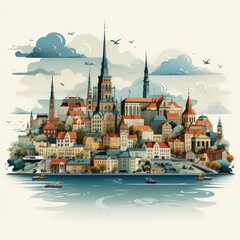 Wall Mural - Minimalistic Vector Illustration of Riga’s Cityscape and Architectural Landmarks