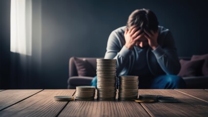 Man in Despair with Coins Stacke on a Table