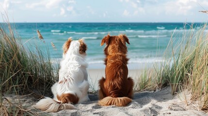 Two young, domestic dogs, a brown retriever and a white terrier, on the sand with green grass, watching the ocean and sky, capturing a sweet, outdoor moment.