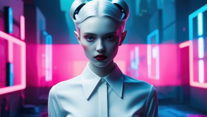 futuristic woman with white hair an re lips in neon light