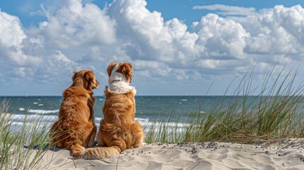 On the coast, two dogs sit on the sand and grass, looking at the beautiful sea and sky, highlighting the perfect summer vacation moment.