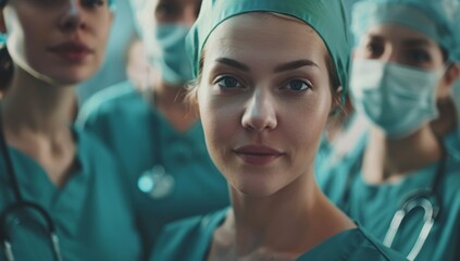 Group of female doctors medical staff workers wearing scrubs and surgical caps. Healthcare, teamwork and portrait of doctors with crossed arms for medical care, wellness and support.