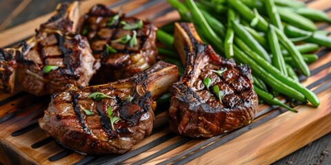 Canvas Print - Grilled lamb chops served with fresh green beans