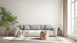 © Yuki - A minimalist living room featuring a soft gray sofa and a small wooden table, surrounded by natural light and simple decor.