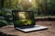 © Burhan - Laptop outside concept. Empty copy space, blank screen mockup. Soft focus laptop in nature background. Ecology travel and work outside office concept. Generative AI