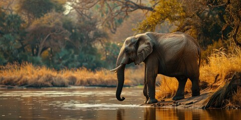 Canvas Print - African elephant strolling along the riverbank with raised foot