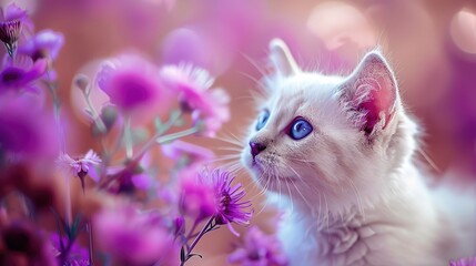 Wall Mural - In a beautiful close-up, a young white kitten with blue eyes observes purple flowers, set against a softly blurred, purple-toned background, showcasing a sweet and delicate moment.