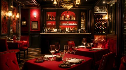 Luxurious decor with deep red tones and a selection of fine wines and tapas