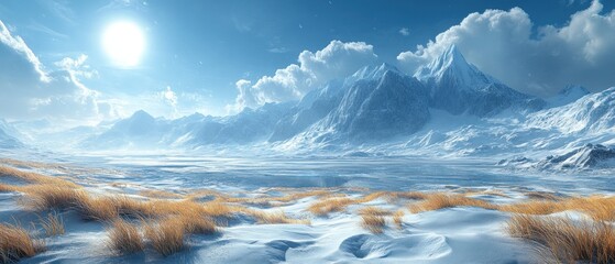 Wall Mural - Snowy Mountain Range with a Frozen Lake and Grass in the Foreground