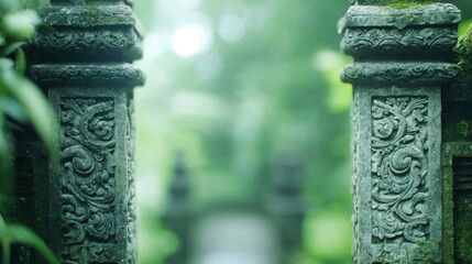 Ancient Balinese Compound, intricately carved gates, lush tropical foliage, fantasy landscape, anime style, seamless looping time-lapse animation background, captivating visuals