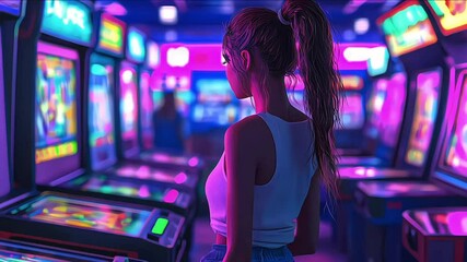 Girl playing arcade machine with neon lights, Back view of girl playing arcade machine