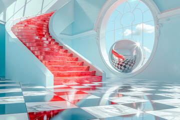 Red staircase leading towards a bright window in a modern minimalist house