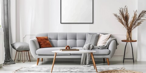 Wall Mural - Elegant Scandinavian Living Room Interior with Grey Sofa Retro Table Mock up Poster Frame and Stylish Decor Elements