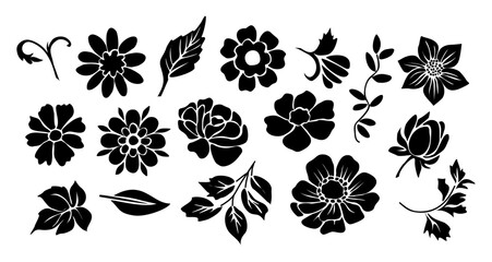 Wall Mural - Set of flower and leaves silhouettes. Hand drawn floral design elements, icons, shapes. Wild and garden flowers, leaves black and white outline illustrations on transparent background.