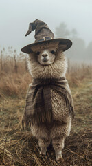 Wall Mural - Alpaca in a witch costume standing in a foggy, mystical field