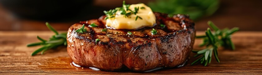 Succulent beef steak with a charred exterior, bathed in herb butter, fresh rosemary and thyme on top, mouthwatering and savory, juicy steak, herb-flavored perfection