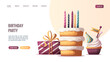 © TatyanaYagudina - Web page design with cake, cupcake, and birthday gift. Birthday party, celebration, congratulations, invitation concept. Vector illustration for website, banner.