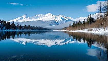 The peaceful winter lake, the water surface reflects the blue sky and the snow-capped mountains, and the surroundings are quiet and peaceful, as if time has stopped.