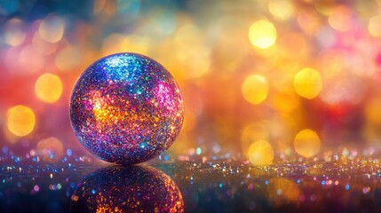 A colorful ball covered in sparkling glitter, placed on a glossy reflective surface, radiating vibrant hues and shimmering brilliance