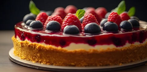 Wall Mural - Close Up of a Delicious Cheesecake Topped with Blueberries and Raspberries