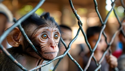 Curious baby monkey peeking through a fence with children enjoying a day at the zoo, bright eyes and fluffy coat capturing hearts.