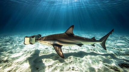 A shark swims in clear blue water with a plastic bag caught in its mouth. The rays of sunlight penetrate the surface, illuminating the scene.