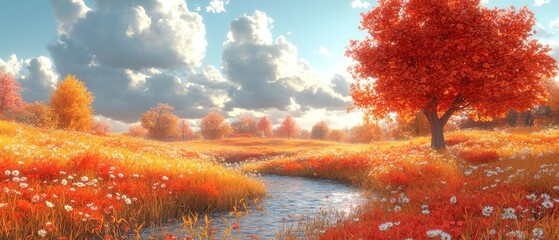 Wall Mural - A Stream Through a Field of Golden and Red Autumn Foliage