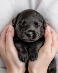 A cute black puppy peacefully resting in gentle hands, showcasing warmth and love in a cozy environment.