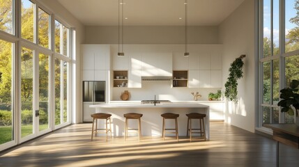 A sunlit kitchen with expansive windows, white cabinets, and wooden floors, offering a clean, modern look with natural warmth