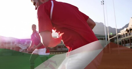 Wall Mural - Animation of flag of italy over diverse rugby players playing rugby