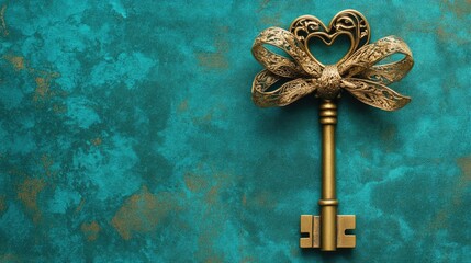 A vintage golden key with an intricate heart-shaped bow resting on a rich teal background, evoking a sense of timeless elegance and romance