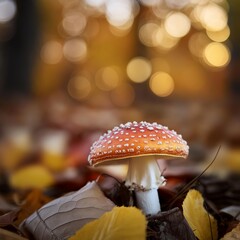 Red Mushroom or Toadstool with white Spots - Red Agaric Fly - Gold, Orange and Brown Leaves falling in a Forest - Oktober and November Wallpaper - Autumn or Fall Background - Seasonal Bokeh and Trees 