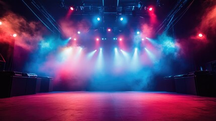 An empty rock concert stage illuminated by vibrant, colorful lights with dramatic fog effects, ready for the band's entrance in a high-energy venue