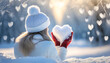 © Juri_Tichonow - A woman in winter clothes holds a heart-shaped snowball in a snowy landscape with heart-shaped bokeh.