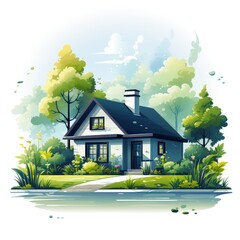 Wall Mural - Minimalistic Flat Style Vector Illustration of a Light and Green House Design