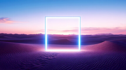 The square frame glows brightly against the barren desert, with the sand softly reflecting the vibrant blue light in a surreal