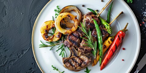 Canvas Print - Grilled vegetables and fresh onion rings accompany mutton chops on a white plate