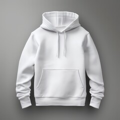 a model of a white unisex hoodie with a pocket. front view. isolated on a gray background. advertising template