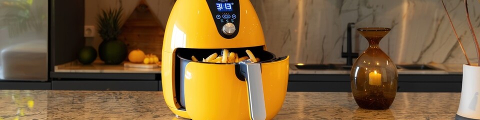 A yellow air fryer on a granite countertop, cooking crispy fries with a digital display showing the temperature.