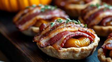 Wall Mural - Crispy bacon-wrapped dates and mini pumpkin pies for a cozy Thanksgiving celebration