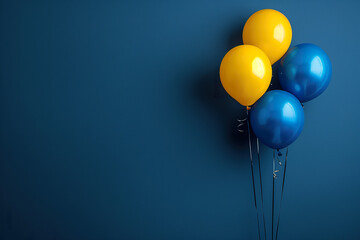 Blue background with yellow and blue balloons. Copy space.