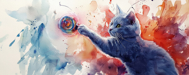 A British Shorthair cat is playfully reaching for colorful spinning toy, surrounded by vibrant splashes of color. scene captures cats curiosity and playful spirit beautifully