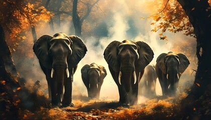 Wall Mural - Elephants Journeying Through a Misty Forest of Autumn Foliage and Golden Light